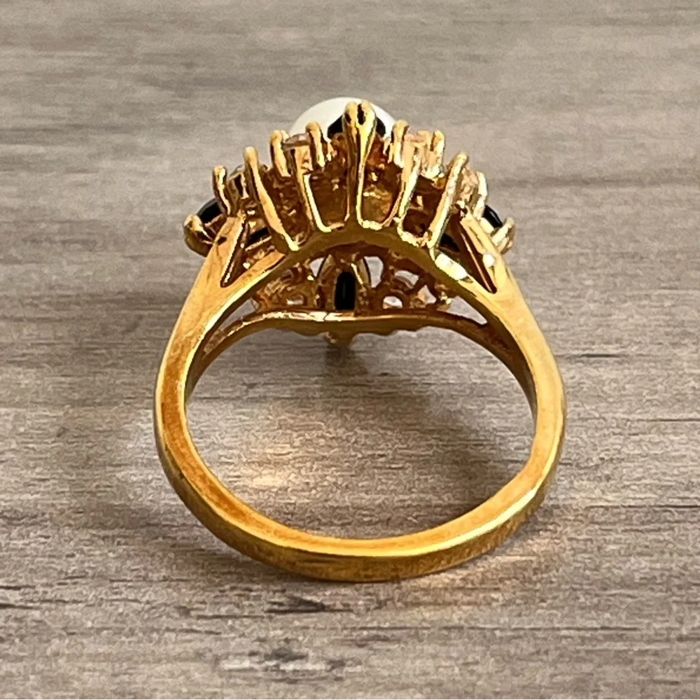 Elegant Pearl, Cubic Zirconia and Black Marquis Multi-Stone Gold Toned Ring